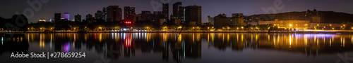 At the night time, Panoramic skyline of East lake in Wuhan city,