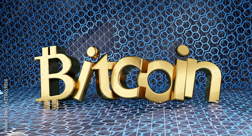 Bitcoin bold letters hexagonal modern grid background design 3d-illustration photo