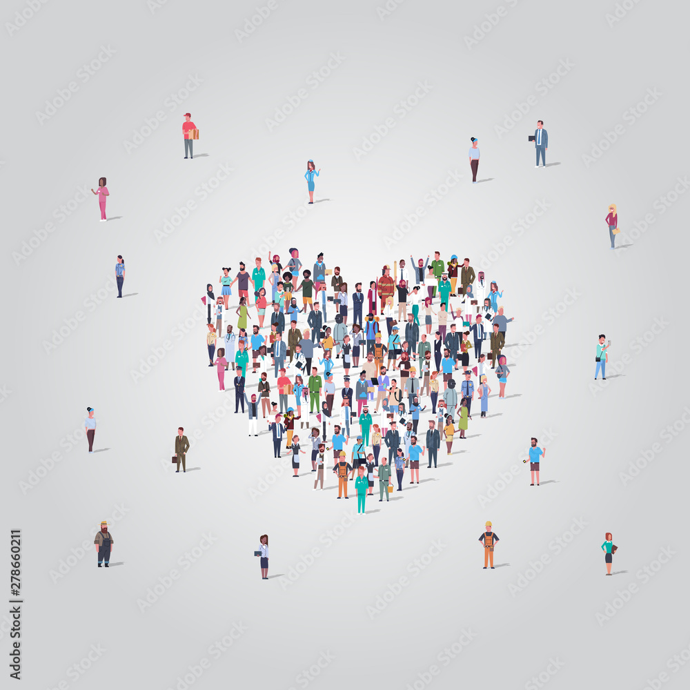 people crowd gathering in heart icon shape social media community add to favorite love concept different occupation employees group standing together full length - obrazy, fototapety, plakaty 