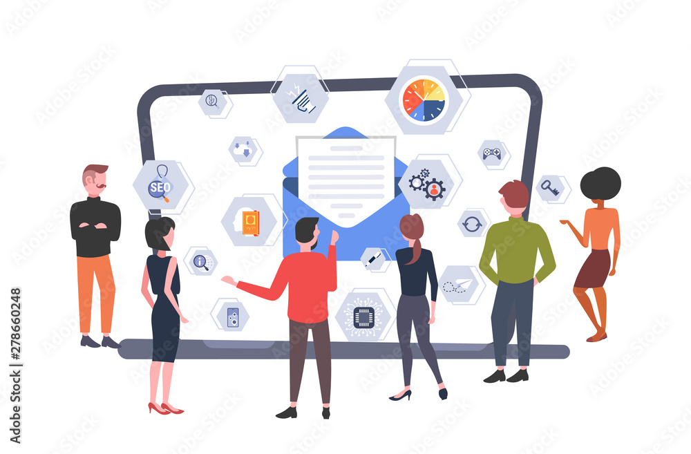 people developers team looking at laptop screen envelope with letter online messaging email app development communication concept flat horizontal full length people developers team looking at laptop screen envelope with letter online messaging email app development communication concept flat horizontal full length
