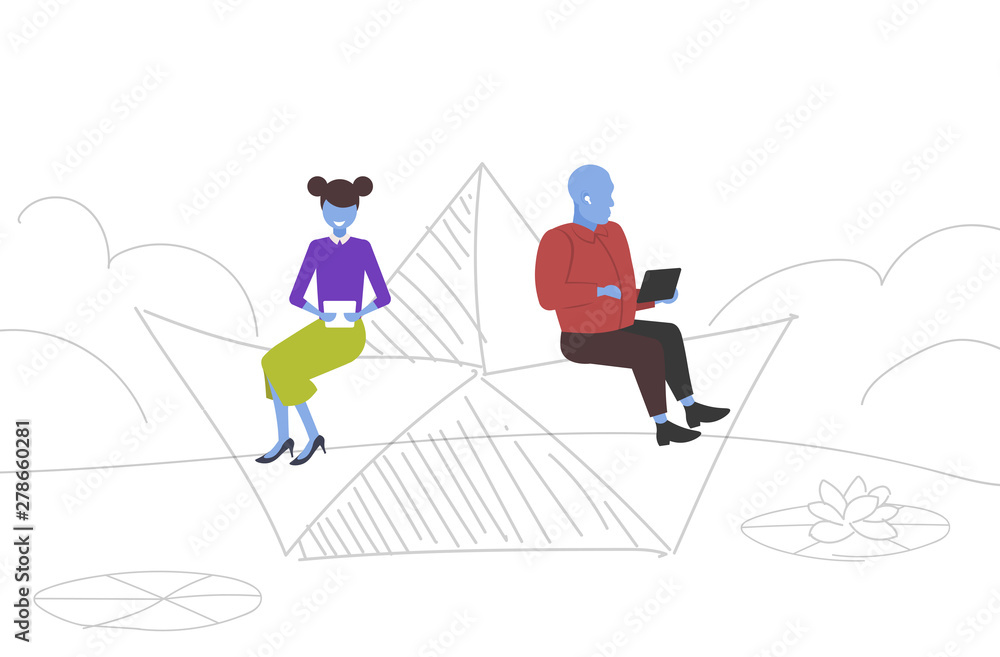 couple floating on paper boat man woman using digital tablets having fun on journey computer addiction concept full length sketch doodle horizontal couple floating on paper boat man woman using digital tablets having fun on journey computer addiction concept full length sketch doodle horizontal