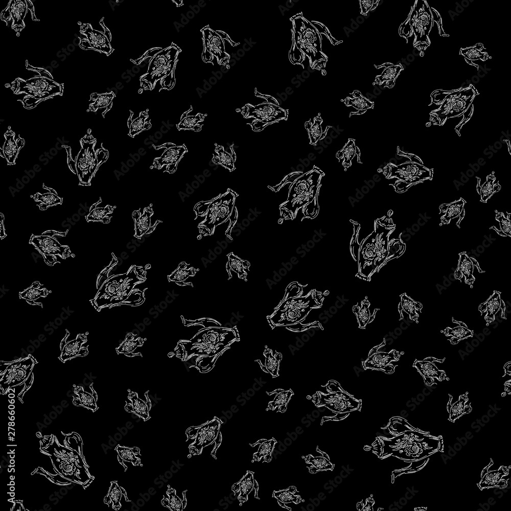 Seamless retro hand drawn teapots, great design for any purposes. Seamless pattern. Teapot hand drawn a pattern in Chinese style on black background. Retro typography. Kettle icon. Isolated vector Seamless retro hand drawn teapots, great design for any purposes. Seamless pattern. Teapot hand drawn a pattern in Chinese style on black background. Retro typography. Kettle icon. Isolated vector