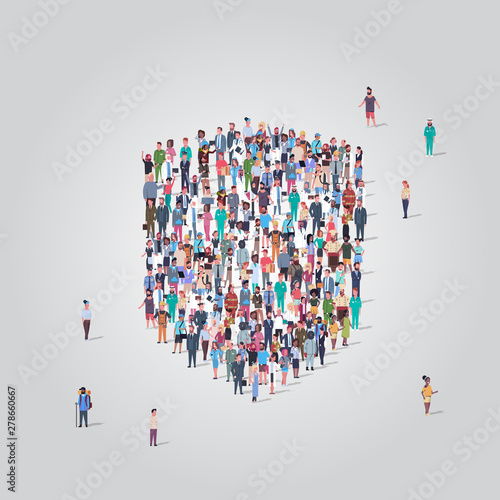 people crowd gathering in shield icon shape social media community protection security concept different occupation employees group standing together full length