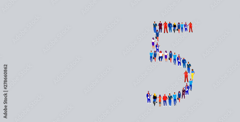 business people crowd gathering in number five 5 shape businesspeople group standing together social media community concept full length