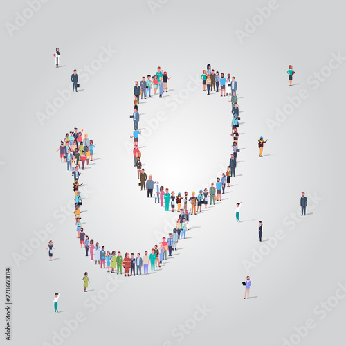 big people crowd standing together in shape of stethoscope sign different occupation employees group medicine healthcare concept full length