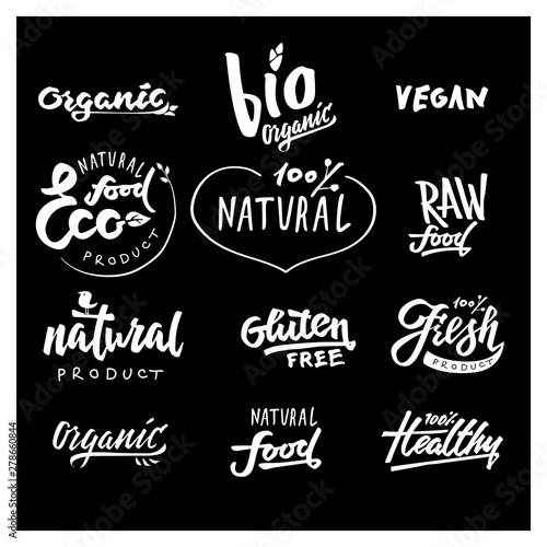 Food lettering Labels with vegetarian and raw food diet designs