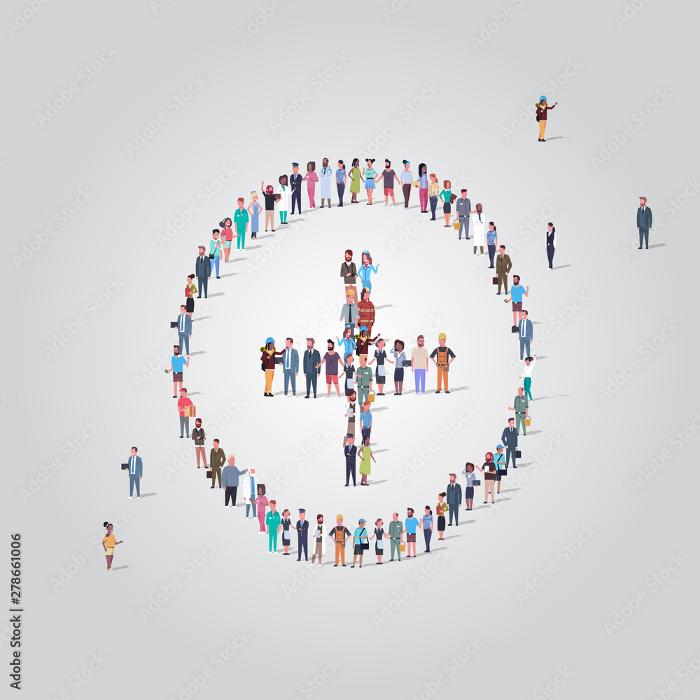 big people crowd standing together in shape of plus sign different occupation employees group ambulance concept full length
