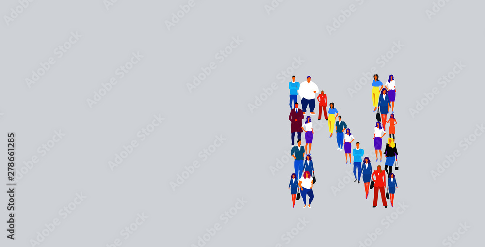 business people crowd forming shape letter N different men women businesspeople group standing together English alphabet concept full length horizontal