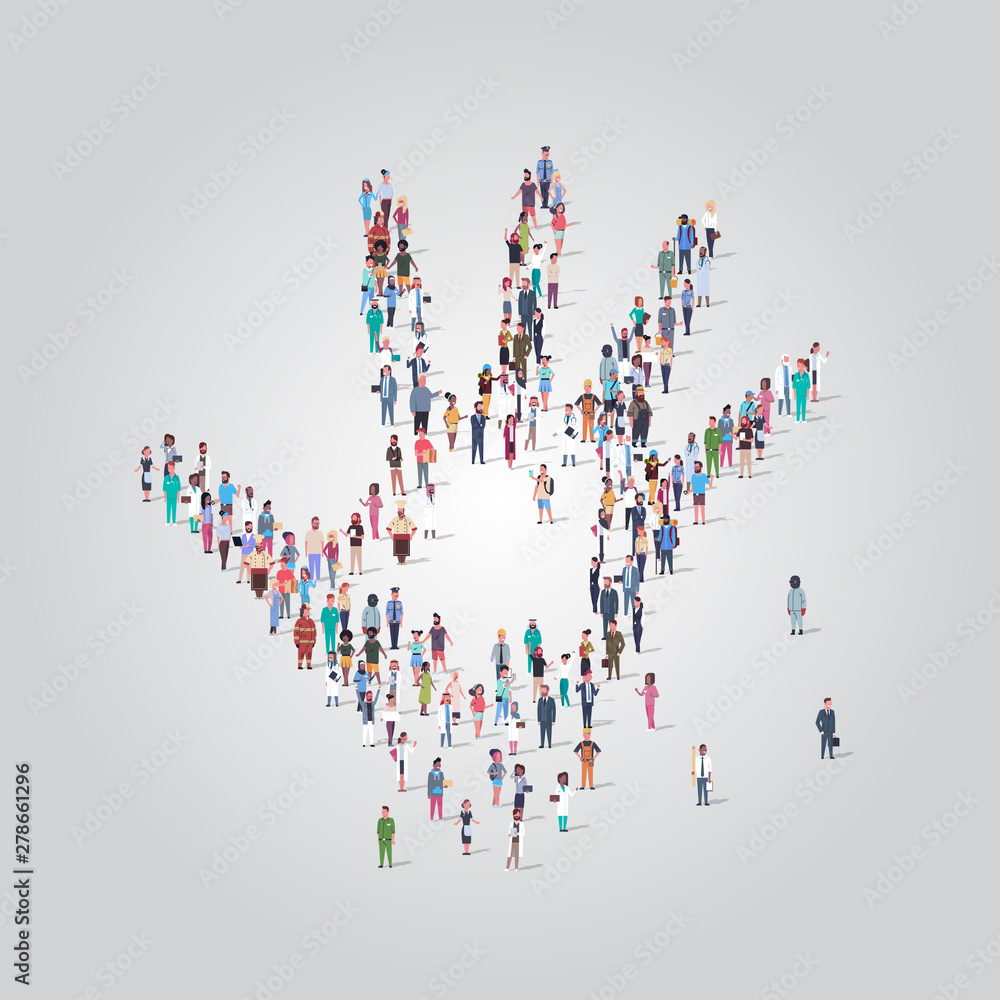 people crowd gathering in shape of palm hand icon social media community concept different occupation employees group standing together full length people crowd gathering in shape of palm hand icon social media community concept different occupation employees group standing together full length