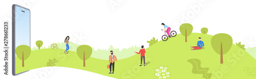 people using smartphones walking outdoor men women having fun in summer park from smartphone screen addiction communication concept online mobile application flat full length horizontal