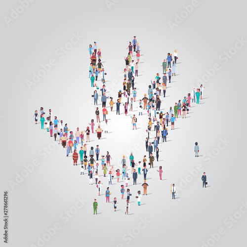 people crowd gathering in shape of palm hand icon social media community concept different occupation employees group standing together full length