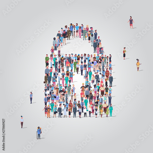 people crowd gathering in padlock icon shape social media community protection security concept different occupation employees group standing together full length