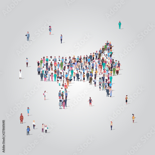 people crowd gathering in loudspeaker megaphone shape social media community announcement concept different occupation employees group standing together full length