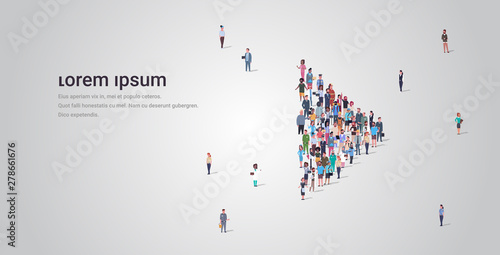 people crowd gathering in play button shape social media community digital player concept different occupation employees group standing together full length horizontal copy space