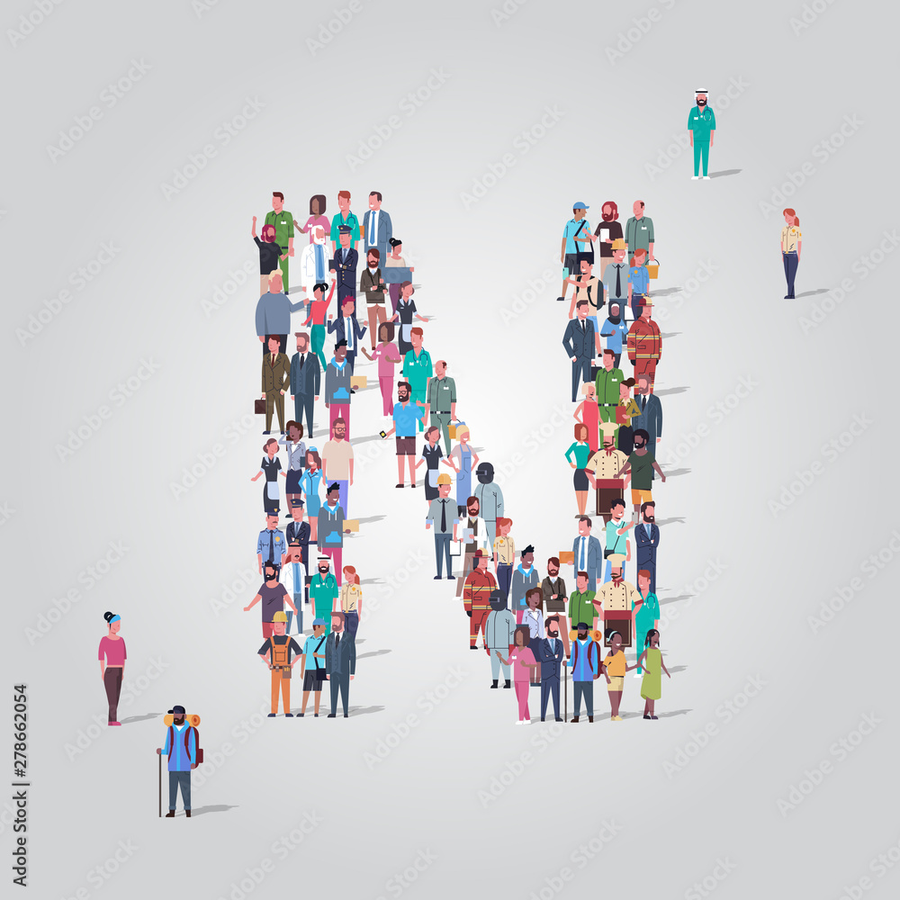 big people crowd gathering in shape letter N different occupation employees group standing together English alphabet concept full length big people crowd gathering in shape letter N different occupation employees group standing together English alphabet concept full length
