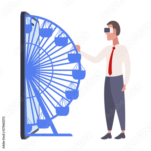 businessman wearing digital glasses business man twisting vr ferris wheel from smartphone screen headset vision virtual reality technology concept flat full length vector illustration