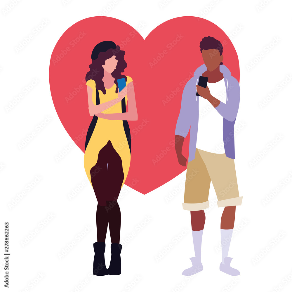 man and woman characters using smartphone man and woman characters using smartphone