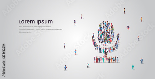 people crowd gathering in microphone shape social media community mic audio system technology concept different occupation employees group standing together full length horizontal copy space