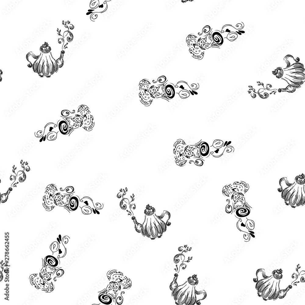 Seamless pattern of teapots and teacups isolated on white background. Chinese seamless pattern of teapots and teacups collection for textile design. Vector outline illustration Seamless pattern of teapots and teacups isolated on white background. Chinese seamless pattern of teapots and teacups collection for textile design. Vector outline illustration