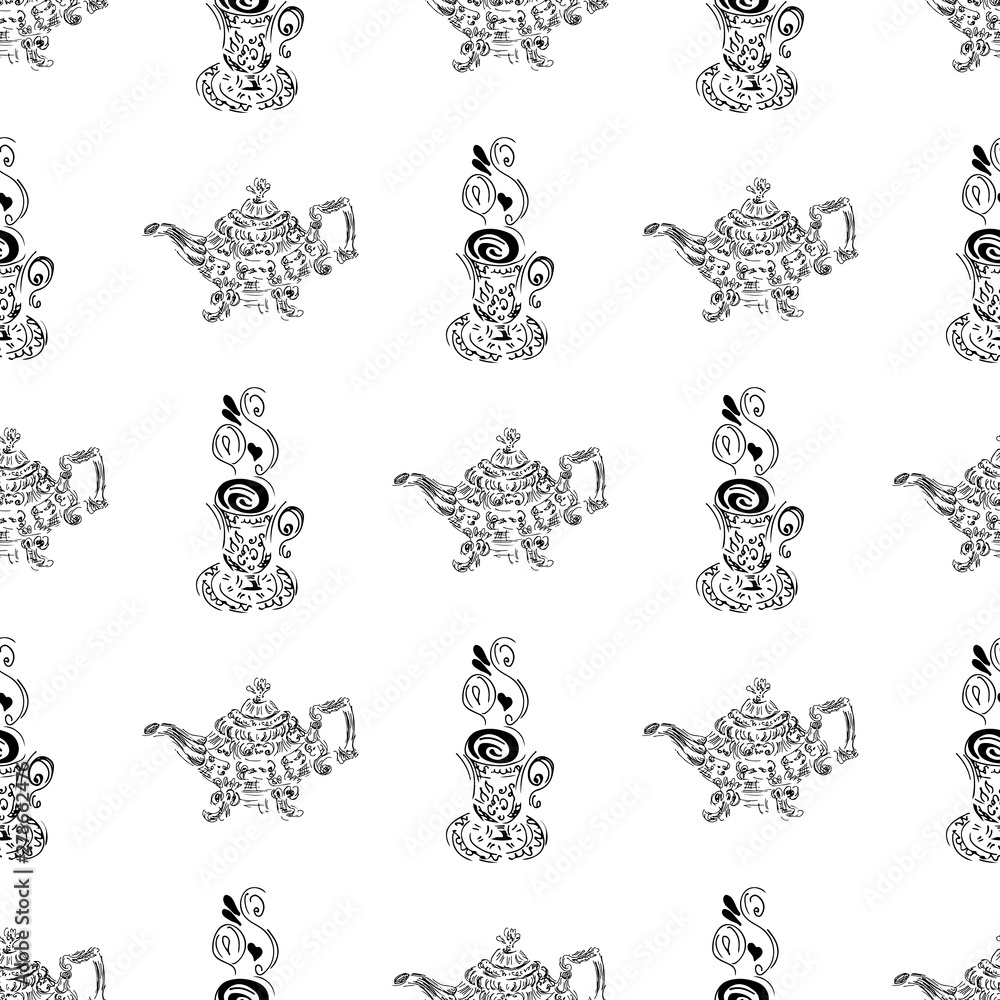Seamless pattern of teapots and teacups isolated on white background. Chinese seamless pattern of teapots and teacups collection for textile design. Vector outline illustration