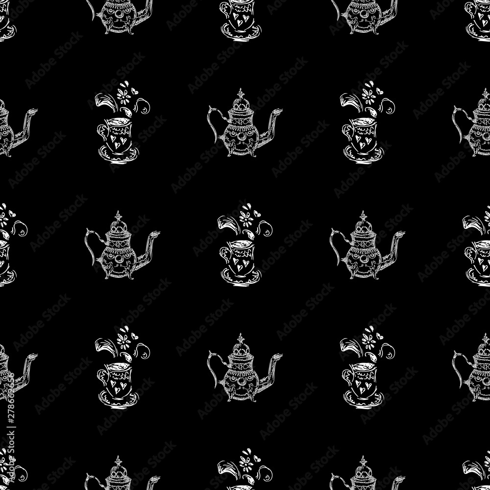 Seamless pattern of teapots and teacups isolated on black background. Chinese seamless pattern of teapots and teacups collection for textile design. Vector outline illustration