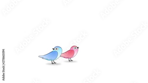 Two Cartoon Birds Fly in and Perch on White background