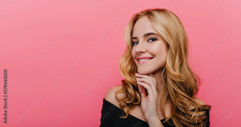 Close-up portrait of cheerful caucasian woman with blue big eyes. Romantic joyful girl with blonde hair posing with pleased smile. Close-up portrait of cheerful caucasian woman with blue big eyes. Romantic joyful girl with blonde hair posing with pleased smile.