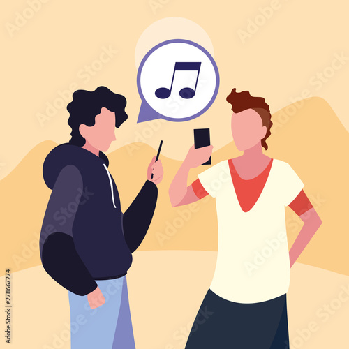 two men using smartphone social media