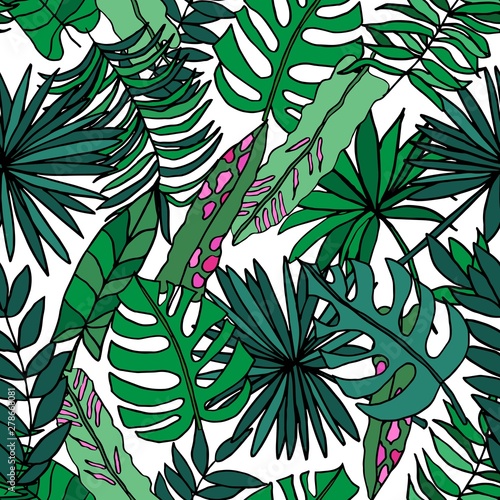 Seamless vector repeat pattern with hand-drawn tropical jungle leaves