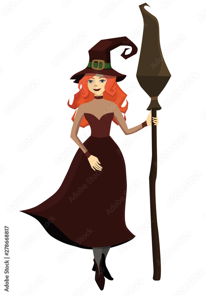 Red-haired witch with a broom in his hand. Isolate on white background. Vector illustration. Red-haired witch with a broom in his hand. Isolate on white background. Vector illustration.
