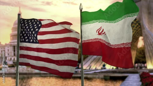 CGI 3D animation of the USA Flag and the Itan Flag over a composite background of Washington and Tehran photo