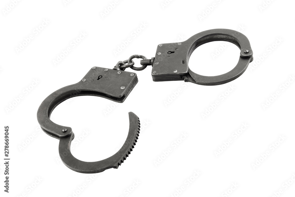 Black metallic handcuffs isolated on white background Black metallic handcuffs isolated on white background