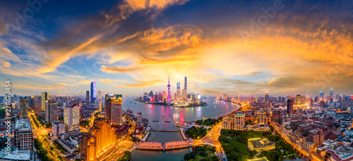 Shanghai skyline panoramic view at sunset,China