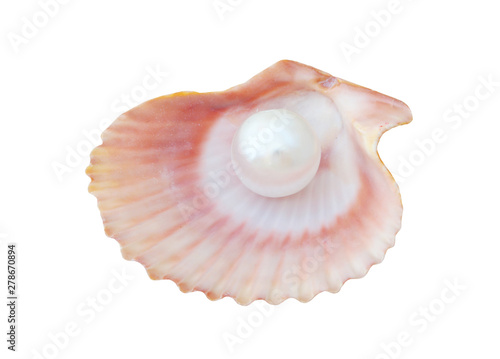 White pearl in scallop seashell isolated on white