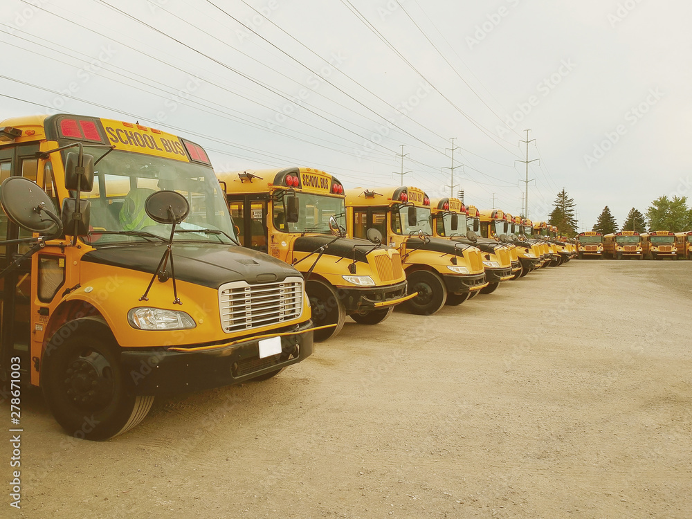 The parking full of school buses waiting for educational season. Row filled with many schoolbus ready to pick up students to school.