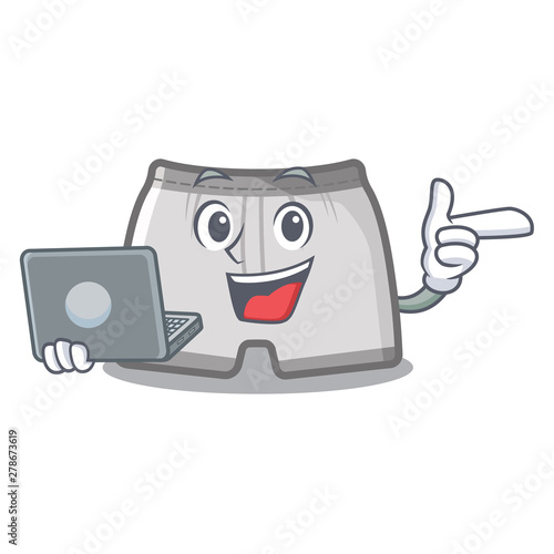 With laptop swimming trunks in the cartoon shape