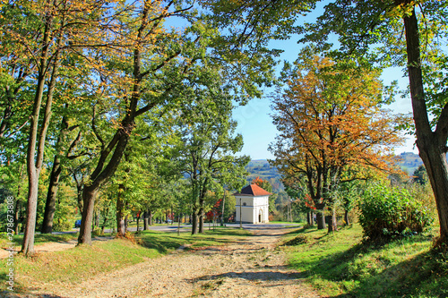 KALWARIA ZEBRZYDOWSKA - JULY 22, 2018: Way of Cross in Kalwaria Zebrzydowska, architectural and park landscape complex photo