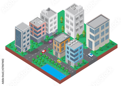 Isometric Building vector. Two building on Yard with road and trees.building 3d , smart city,Vector office and town apartment concept.