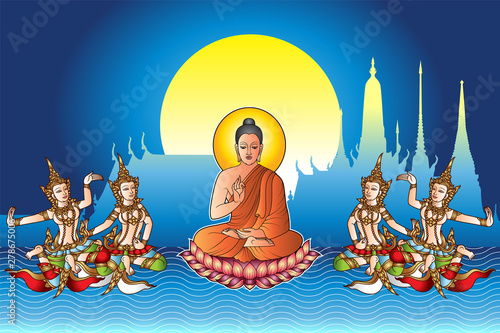 Buddha sit on Lotus with four angel vintage style and full moon temple background