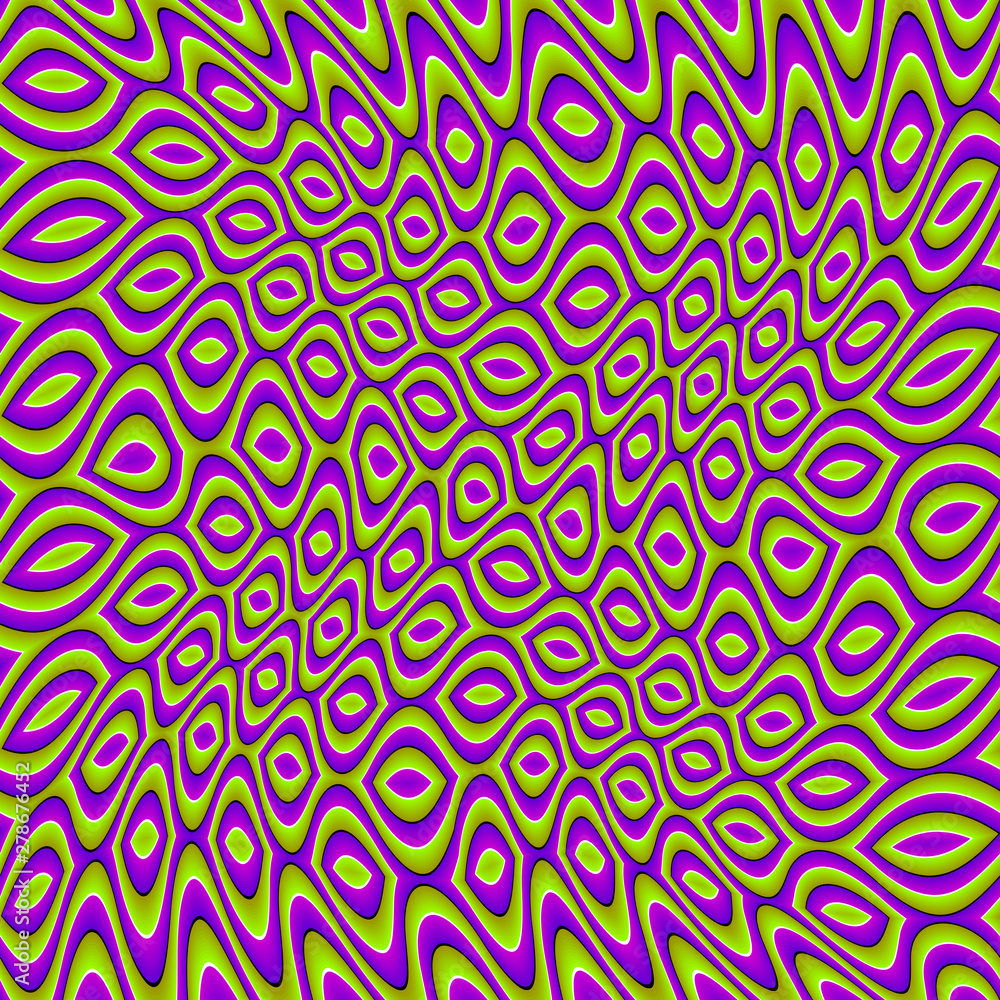 Green and purple wrapping paper. Motion illusion. Seamless pattern. 