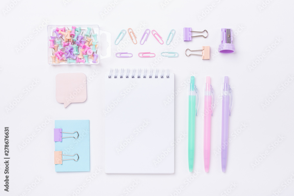 School supplies in pastel color Back to school concept Flat lay Top view School supplies in pastel color Back to school concept Flat lay Top view