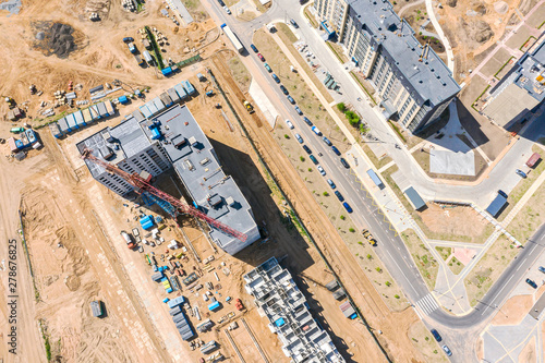 construction of modern high-rise residential buildings. birds eye view of construction site