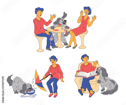 Set of comic scenes from the life of a pet dog and its owners - a cute naughty dog ​​causes problems, cartoon vector illustration isolated on white background. Animals and people friendship and love.