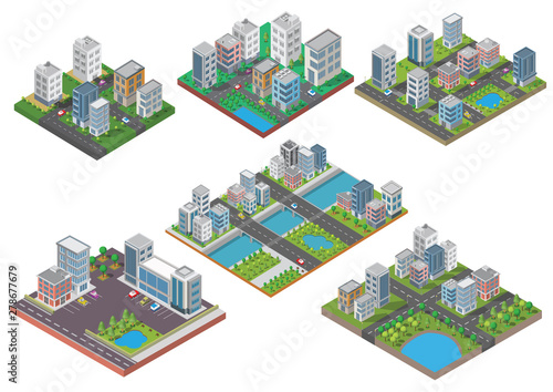Set of Isometric Building vector.They are on Yard.The river with road and trees. building 3d , smart city, Vector office and town apartment concept.