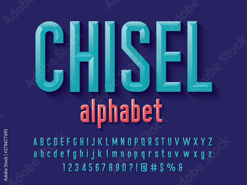 Chisel style alphabet design with uppercase, lowercase, number and symbols