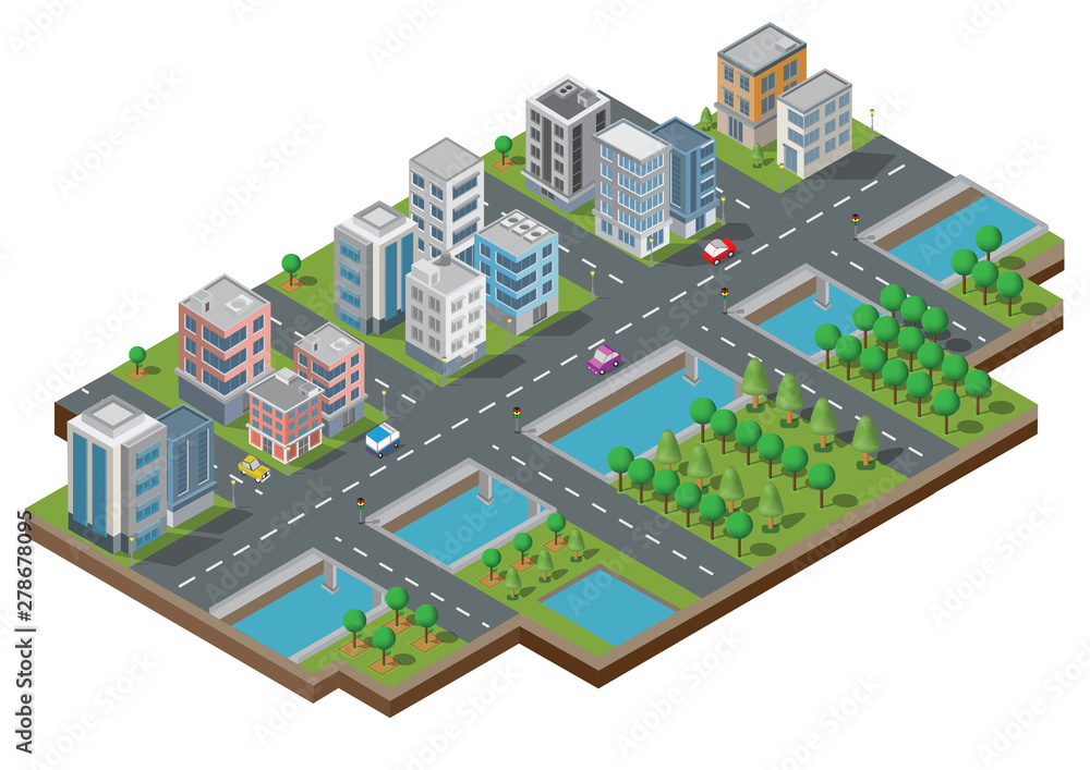 Isometric Building vector. They are on Yard with road and trees.smart city and public park.building 3d,cars,capital , Vector office and metropolis concept. Isometric Building vector. They are on Yard with road and trees.smart city and public park.building 3d,cars,capital , Vector office and metropolis concept.
