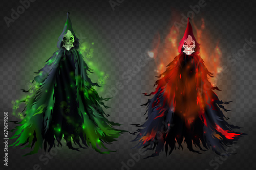 Vector 3d realistic illustration of death - horrible reaper in black dud, clothes with hoods. Black scary spirits with fire and green lights isolated on transparent background. Awful skeletons.