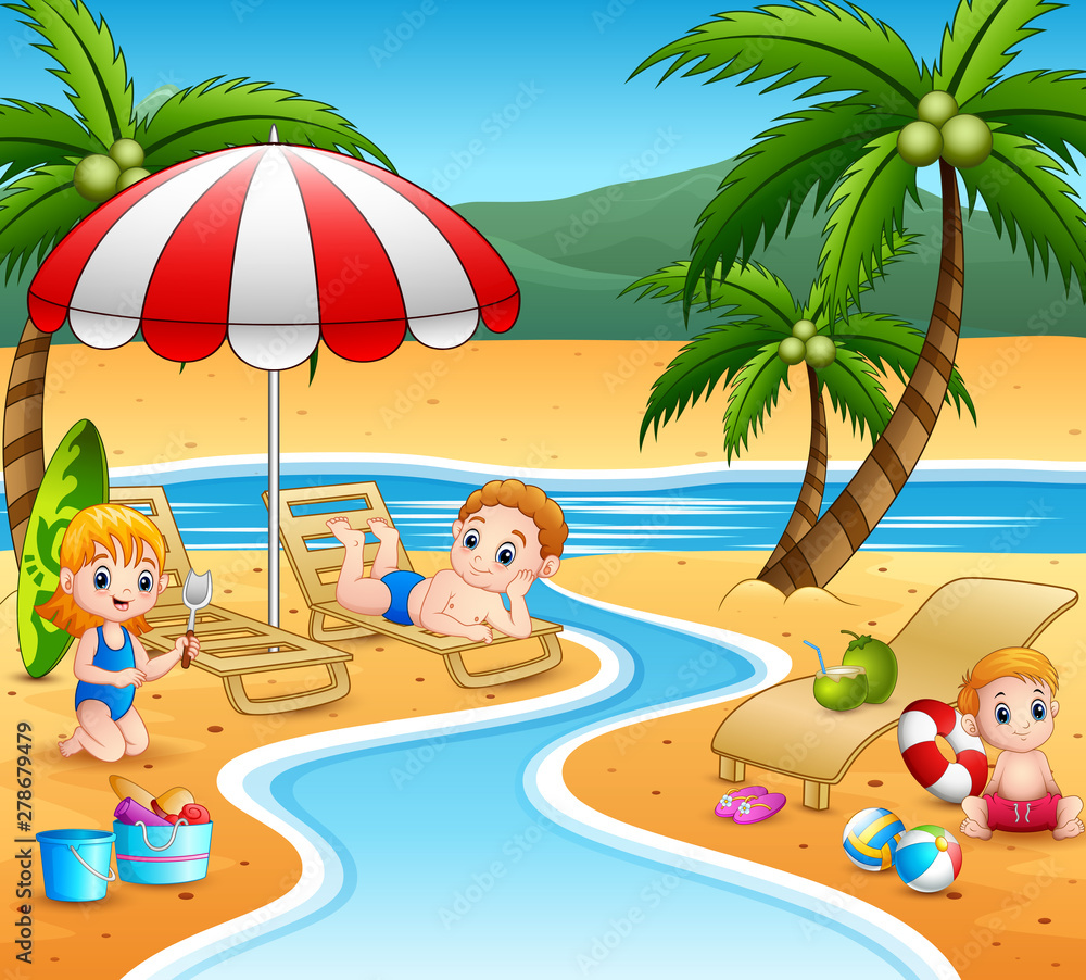 Cartoon children relax at the beach