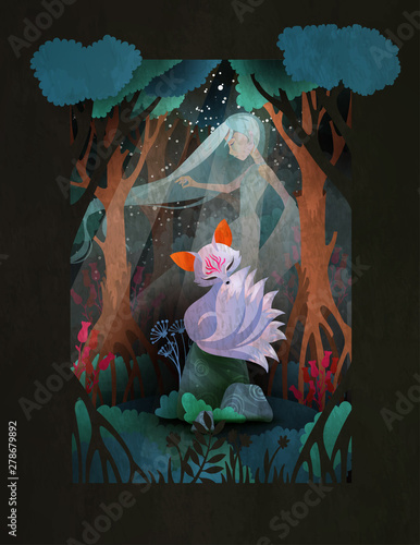 Nine-taled fox or kumiho turning into young woman in front of the forest, asian fairytale character illustration