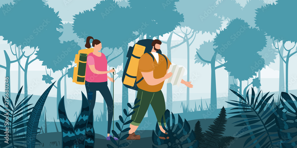Φωτογραφία Tourists cute couple in love performing outdoor touristic activity - adventure t